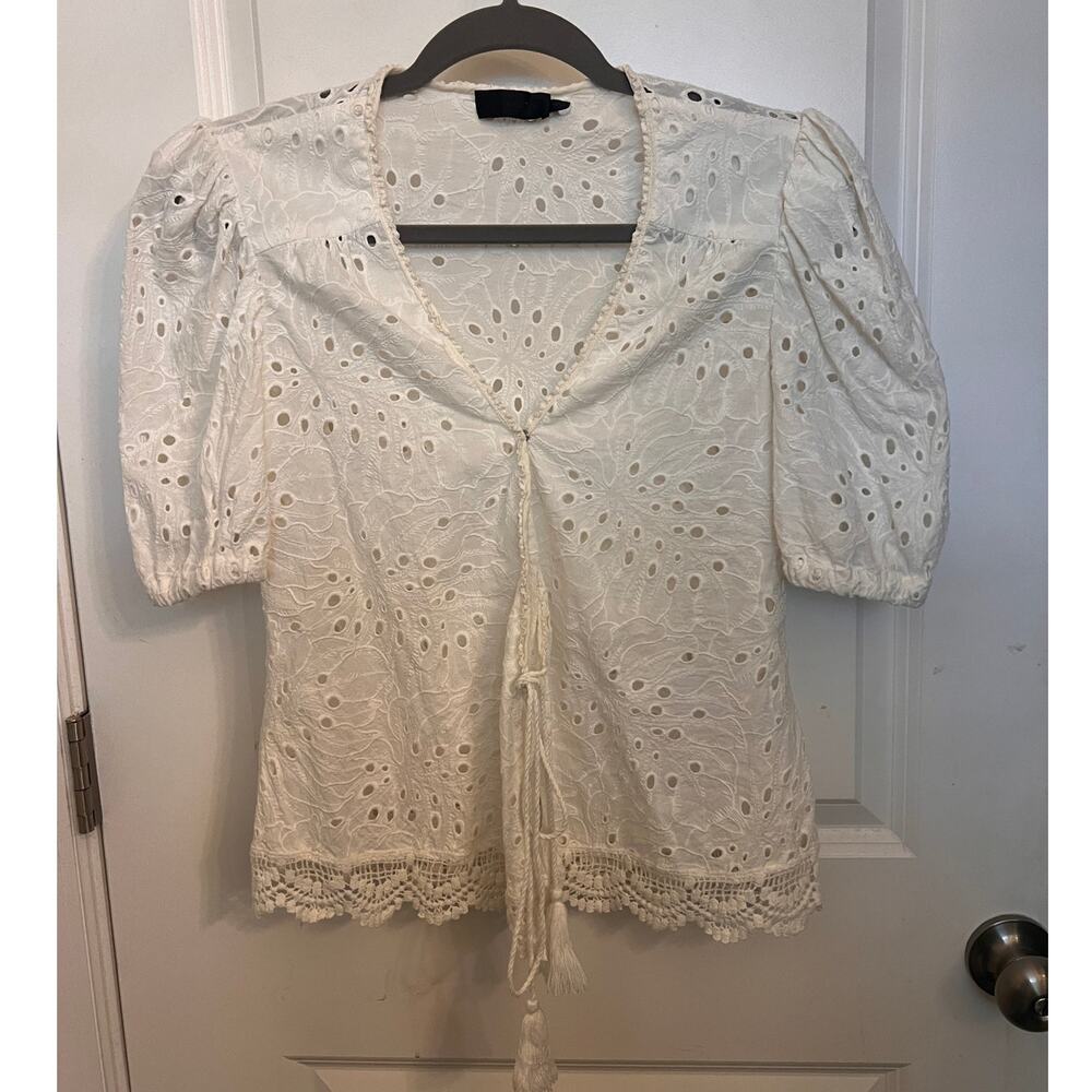 Vitamin A Boho Cottagecore Ivory Eyelet Tie Front Puff Sleeve Sz 38 Top Coquette